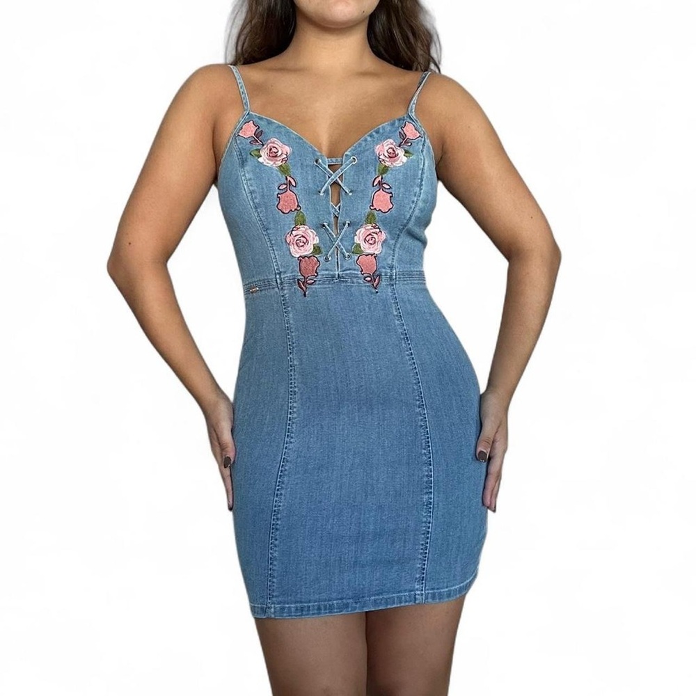 Vintage Guess Floral Denim Mini Dress Size Small EUC